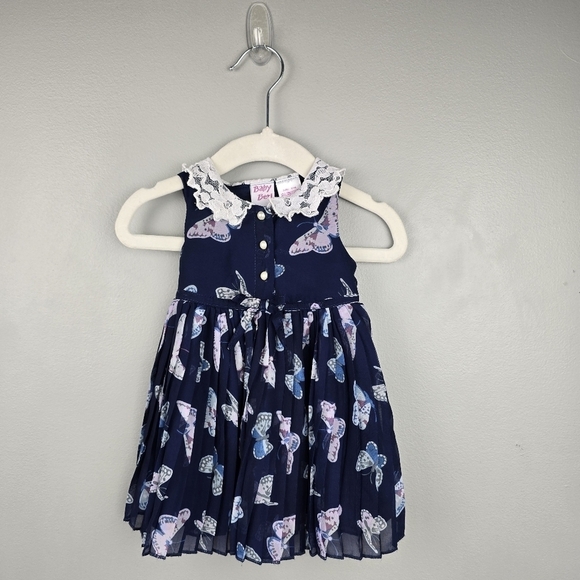 BABY BERI Pleated Whimsical Dress Lace Collar Butterfly Navy‎ Baby Girls 6-9 M - Picture 3 of 14